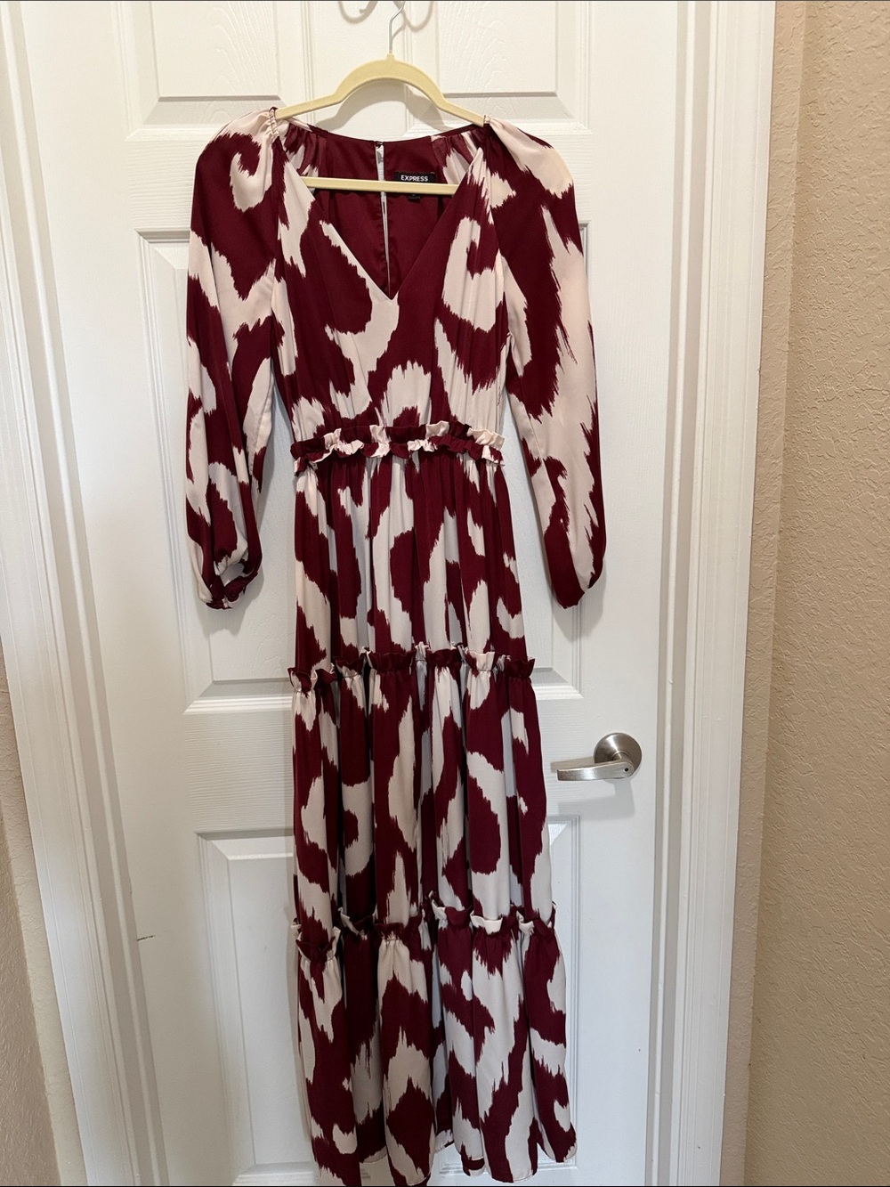 Express Burgundy and Cream Patterned Tiered Maxi Dress